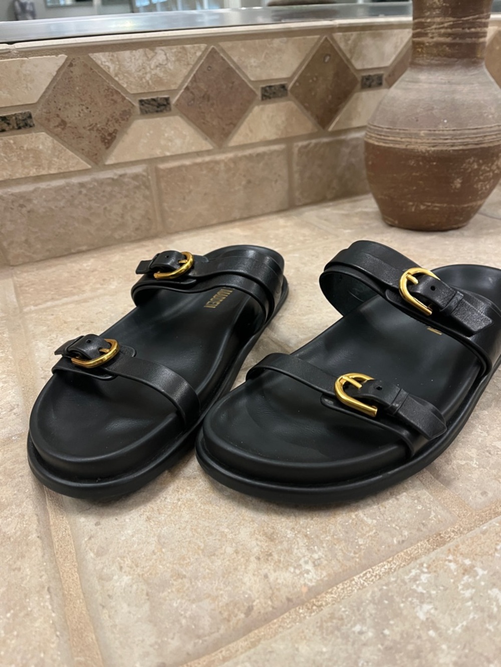 Black Double Buckle Slide Sandals with Gold Buckles 9